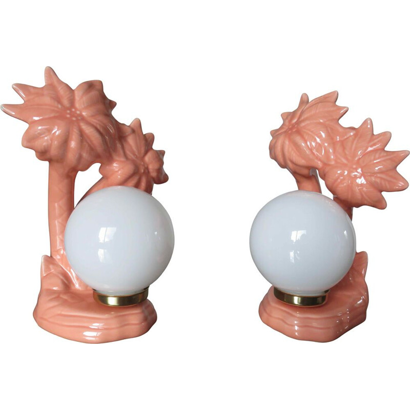 Paar vintage zalmroze keramische palmlampen, Frankrijk 1980
