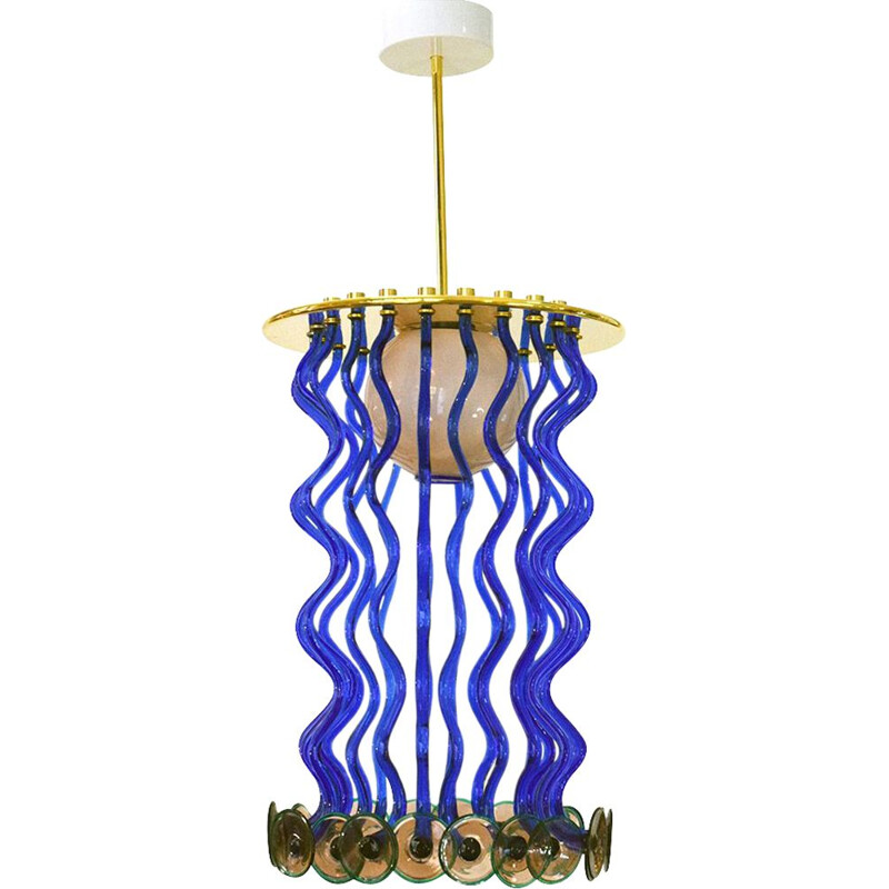 Vintage "Formosa" chandelier in chromed brass by Ettore Sottsass for Venini, 1989s