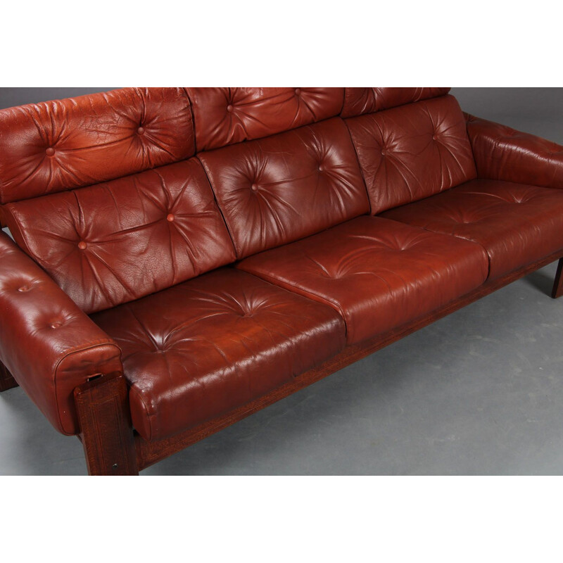 Scandinavian vintage three seater brown leather sofa with wooden frame