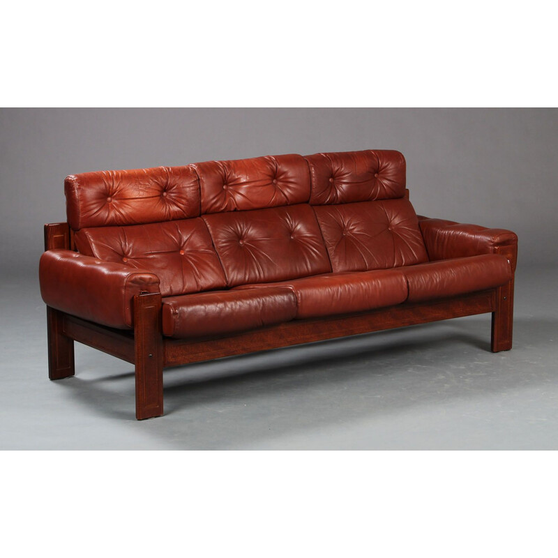 Scandinavian vintage three seater brown leather sofa with wooden frame