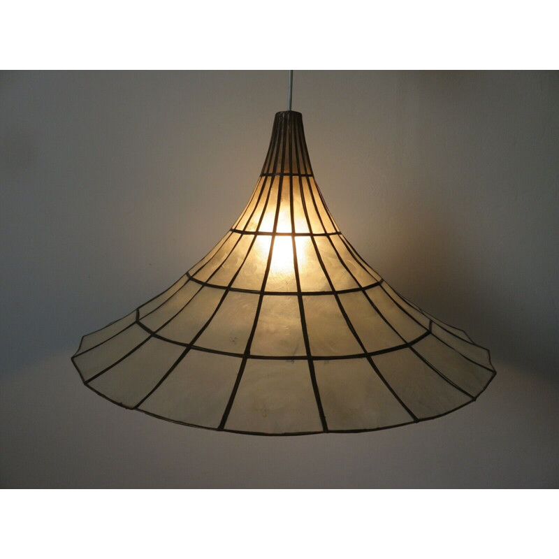 Vintage trumpet pendant lamp in mother-of-pearl and brass, Italy 1970