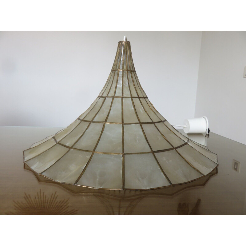 Vintage trumpet pendant lamp in mother-of-pearl and brass, Italy 1970