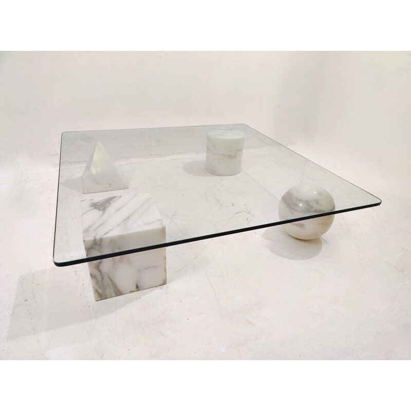Mid-century Metaphora coffee table in white Marble and glass by Massimo & Lella Vignelli, Italy 1980s