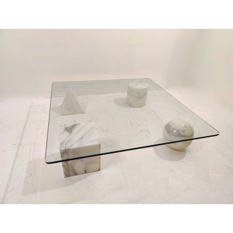 Mid-century Metaphora coffee table in white Marble and glass by Massimo & Lella Vignelli, Italy 1980s