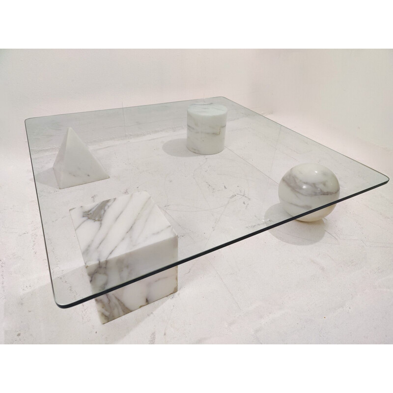 Table basse Metaphora vintage en marbre blanc et verre par Massimo & Lella Vignelli, Italie 1980