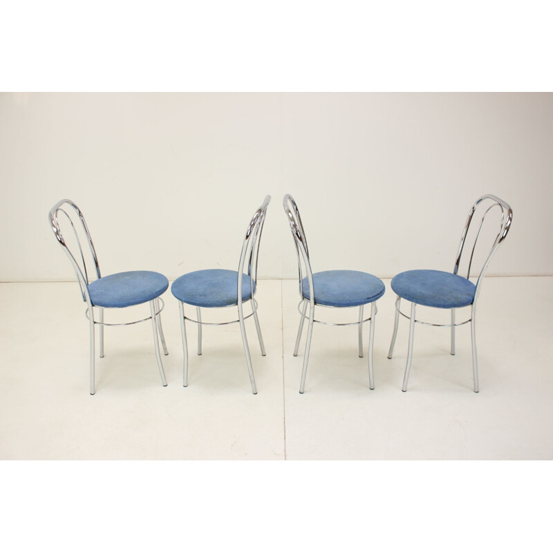 Ensemble de 4 chaises vintage en chrome et tissu, Italie 1980