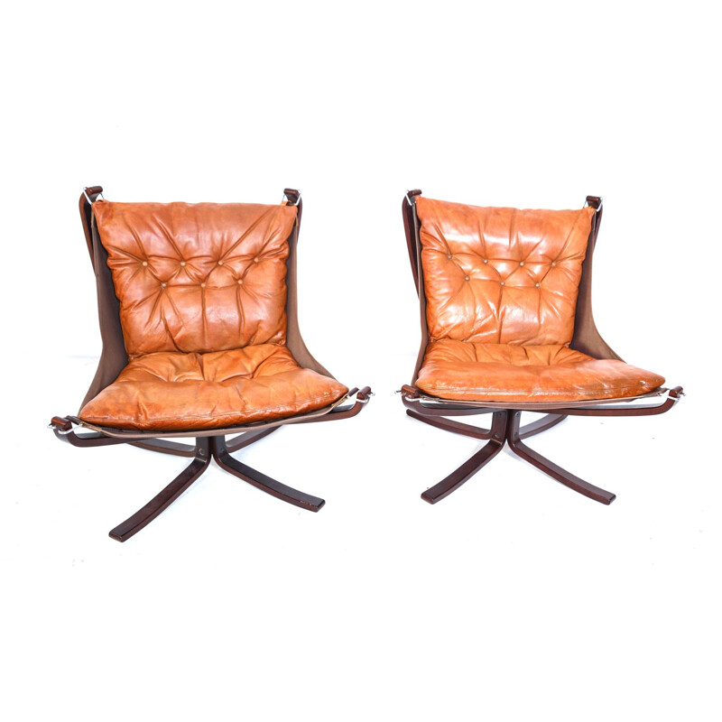 Pair of vintage Falcon armchairs in cognac leather by Sigurd Ressel for Vatne Mobler, 1960