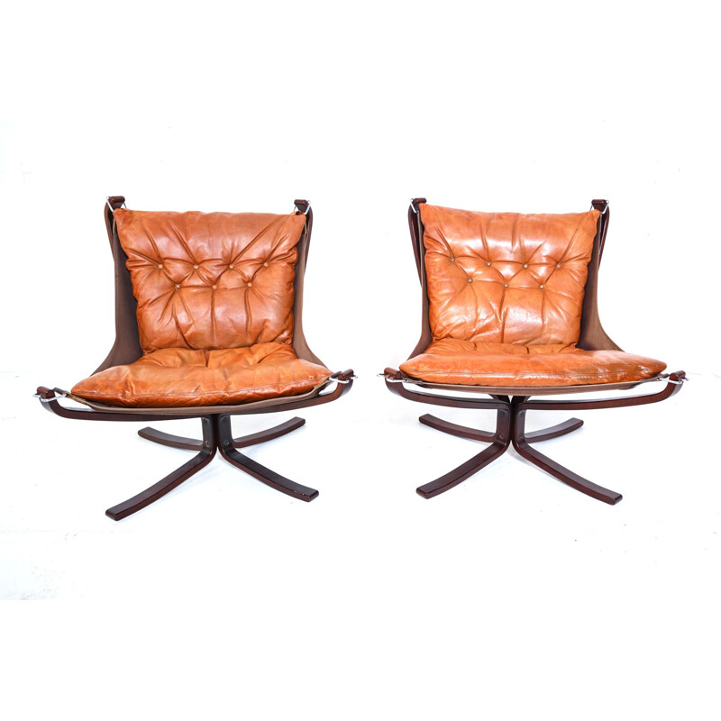 Pair of vintage Falcon armchairs in cognac leather by Sigurd Ressel for Vatne Mobler, 1960