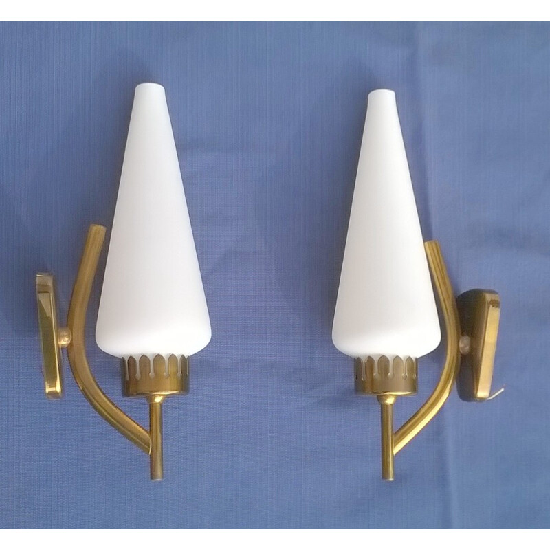 Set of 2 sconces in brass and glass - 1950s