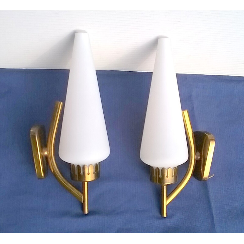 Set of 2 sconces in brass and glass - 1950s