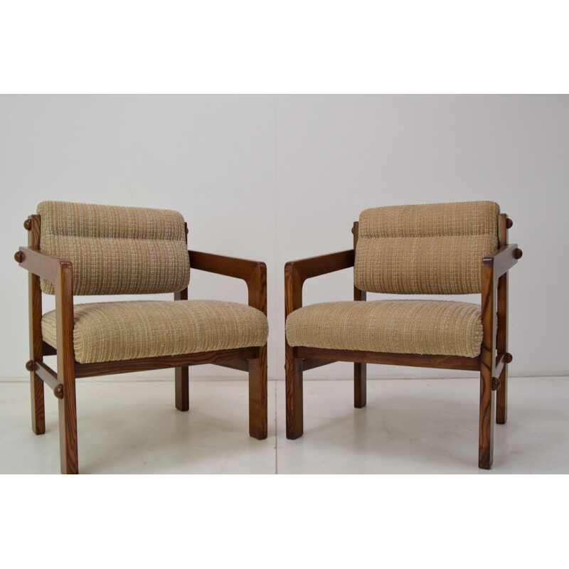 Pair of vintage armchairs wood and fabric, Czechoslovakia 1960s