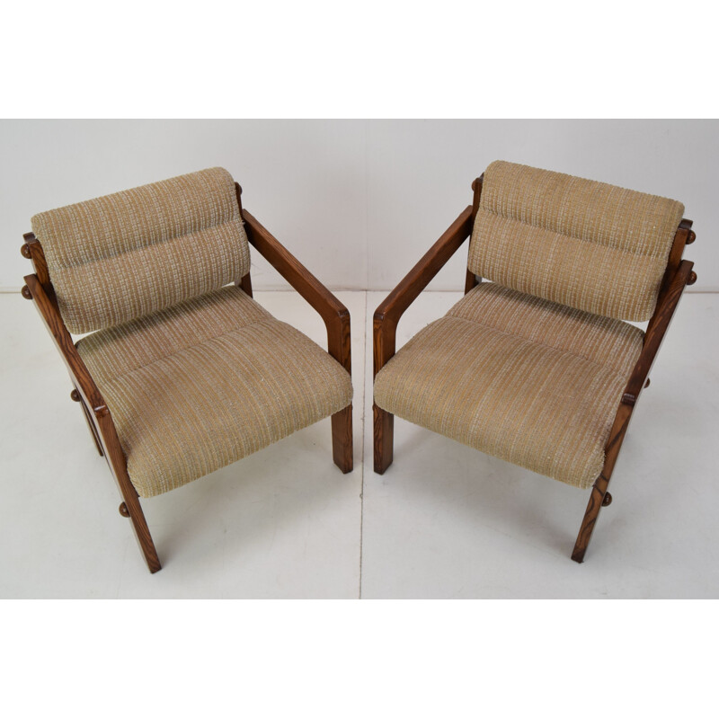 Paar vintage houten en stoffen fauteuils, Tsjechoslowakije 1960