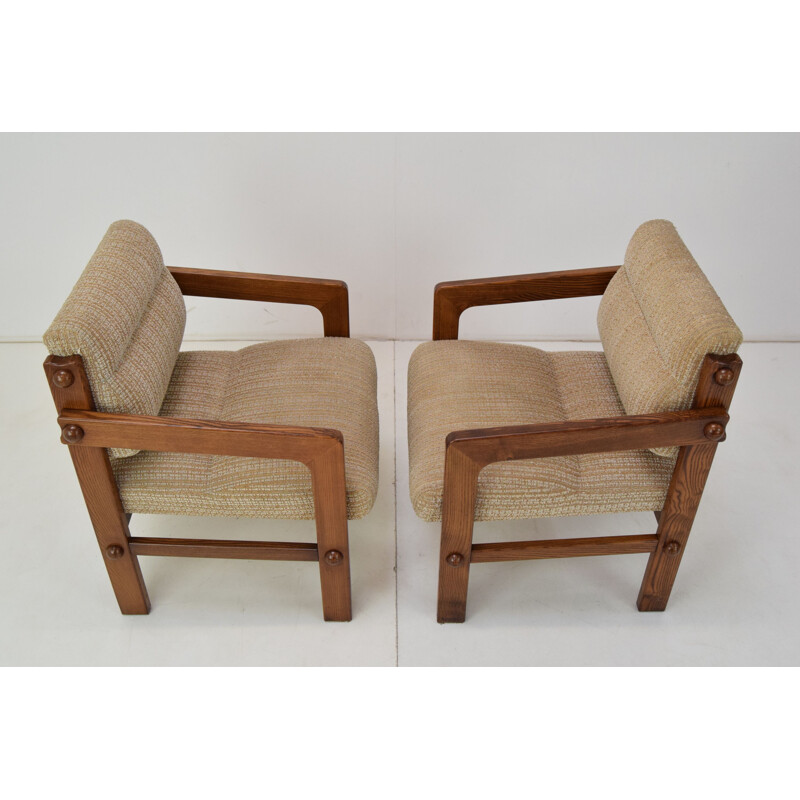 Pair of vintage armchairs wood and fabric, Czechoslovakia 1960s