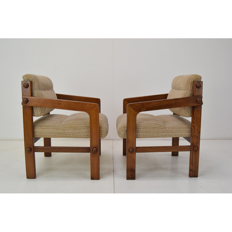 Pair of vintage armchairs wood and fabric, Czechoslovakia 1960s