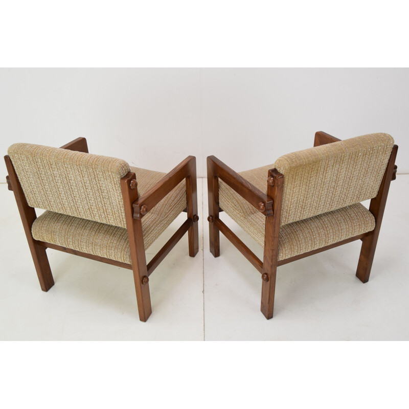 Pair of vintage armchairs wood and fabric, Czechoslovakia 1960s