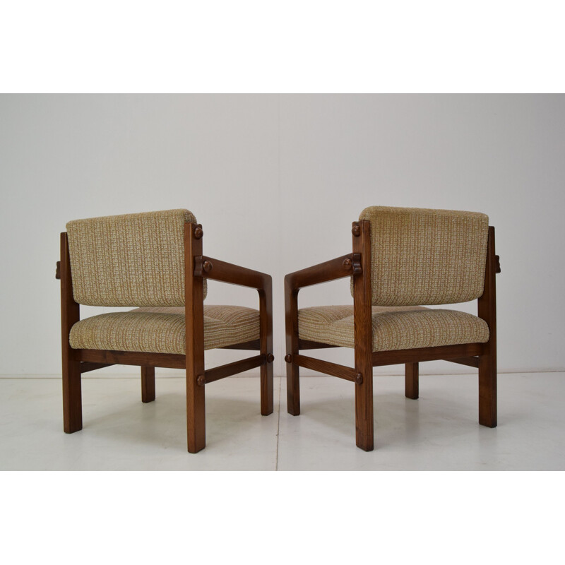Pair of vintage armchairs wood and fabric, Czechoslovakia 1960s