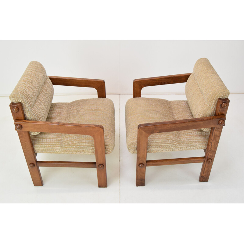 Paar vintage houten en stoffen fauteuils, Tsjechoslowakije 1960