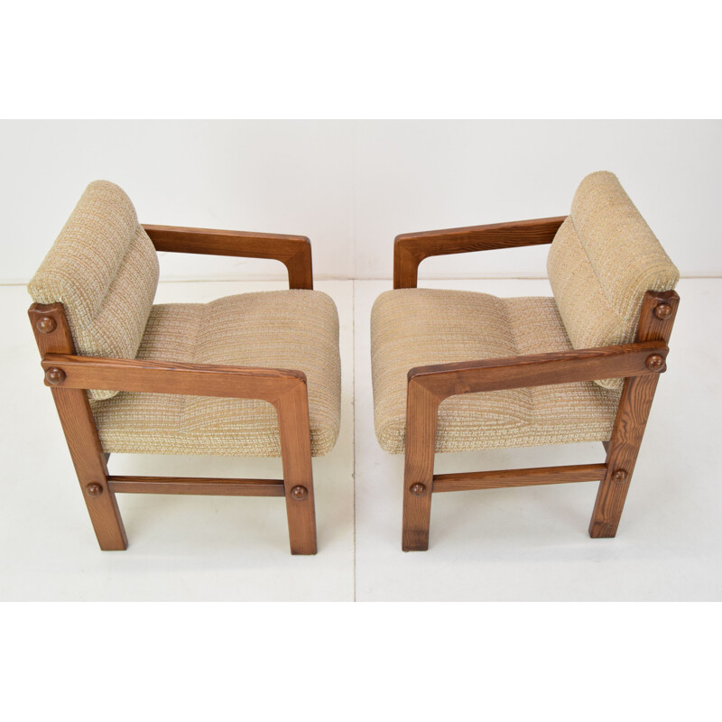 Pair of vintage armchairs wood and fabric, Czechoslovakia 1960s