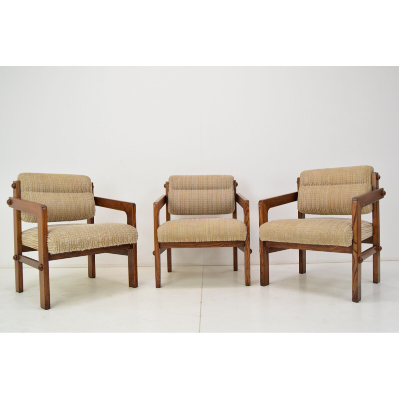 Set of 3 vintage armchairs in wood and fabric, Czechoslovakia 1960s