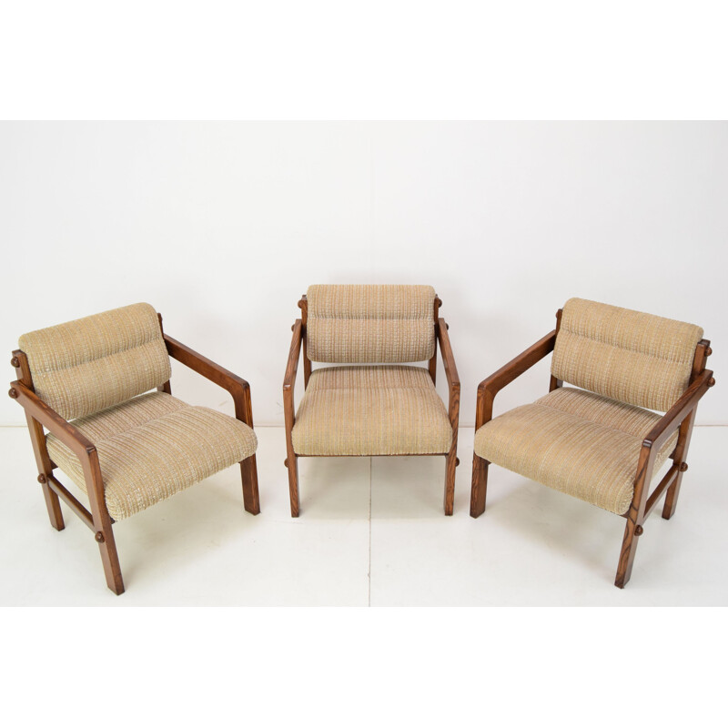 Ensemble de 3 fauteuils vintage en bois et tissu, Tchécoslovaquie 1960