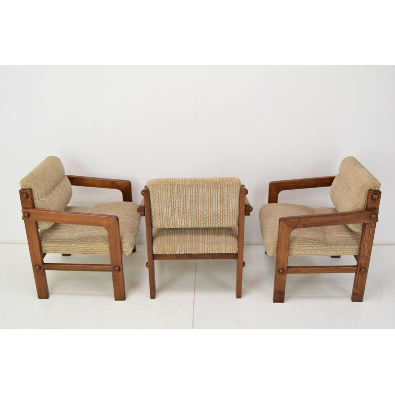 Ensemble de 3 fauteuils vintage en bois et tissu, Tchécoslovaquie 1960