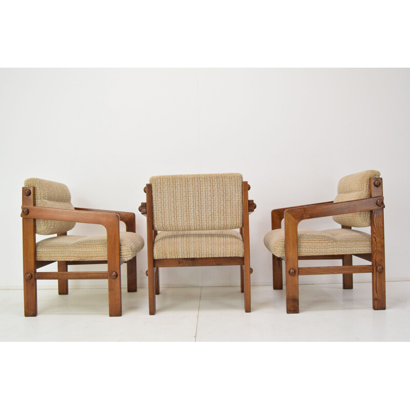 Set of 3 vintage armchairs in wood and fabric, Czechoslovakia 1960s