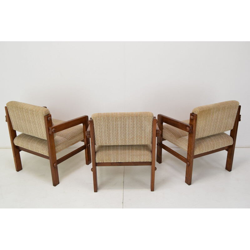 Set of 3 vintage armchairs in wood and fabric, Czechoslovakia 1960s