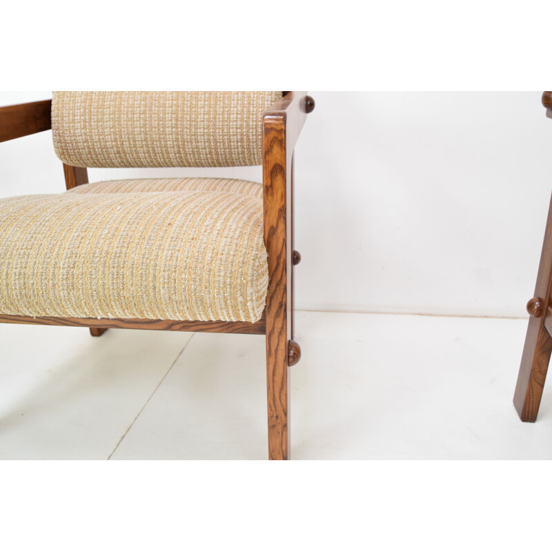 Set of 3 vintage armchairs in wood and fabric, Czechoslovakia 1960s