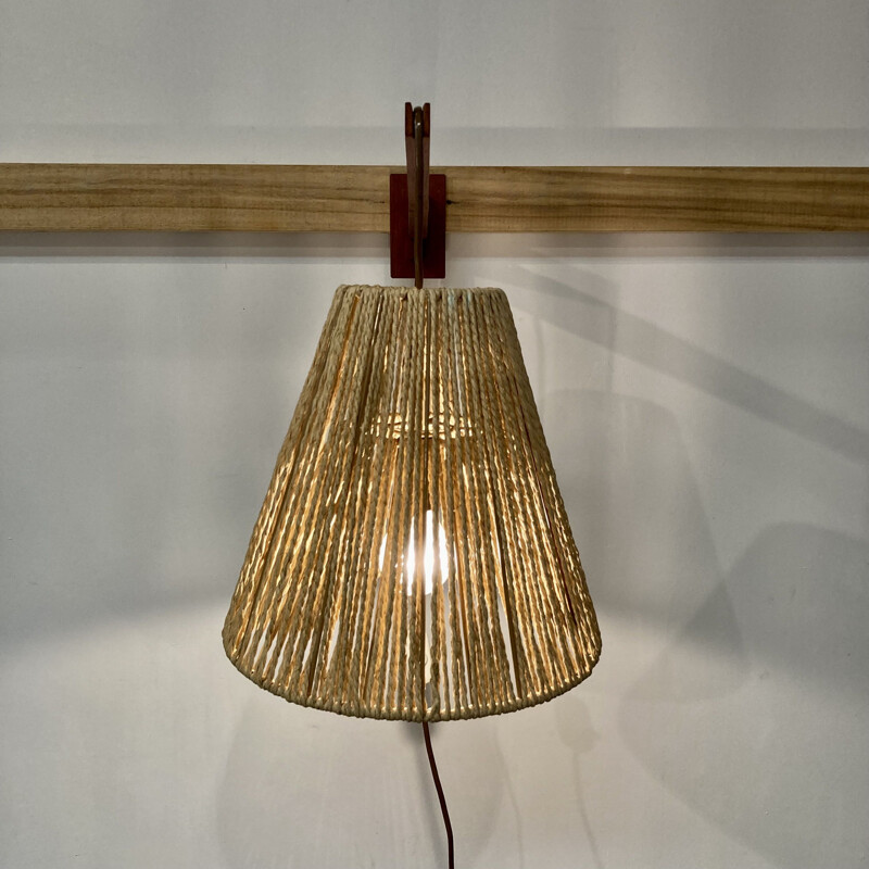 Scandinavian vintage teak and rope wall lamp, 1950