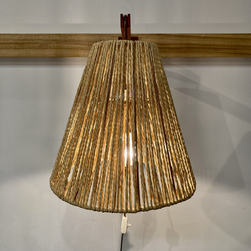 Lampada da parete vintage scandinava in teak e corda, 1950