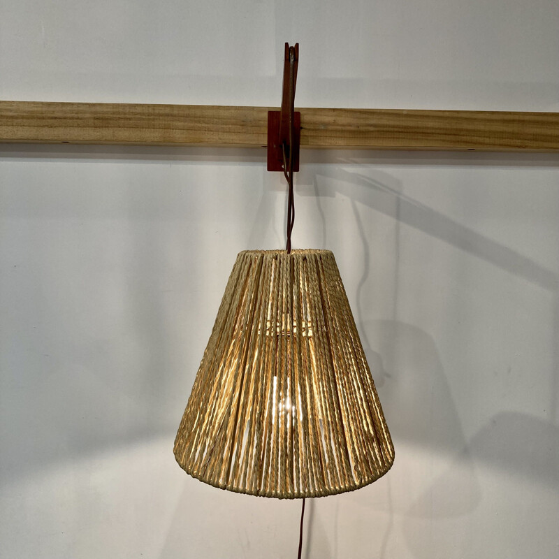 Scandinavian vintage teak and rope wall lamp, 1950