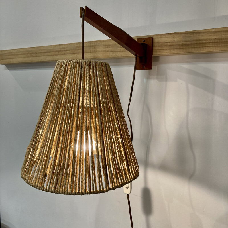 Scandinavian vintage teak and rope wall lamp, 1950