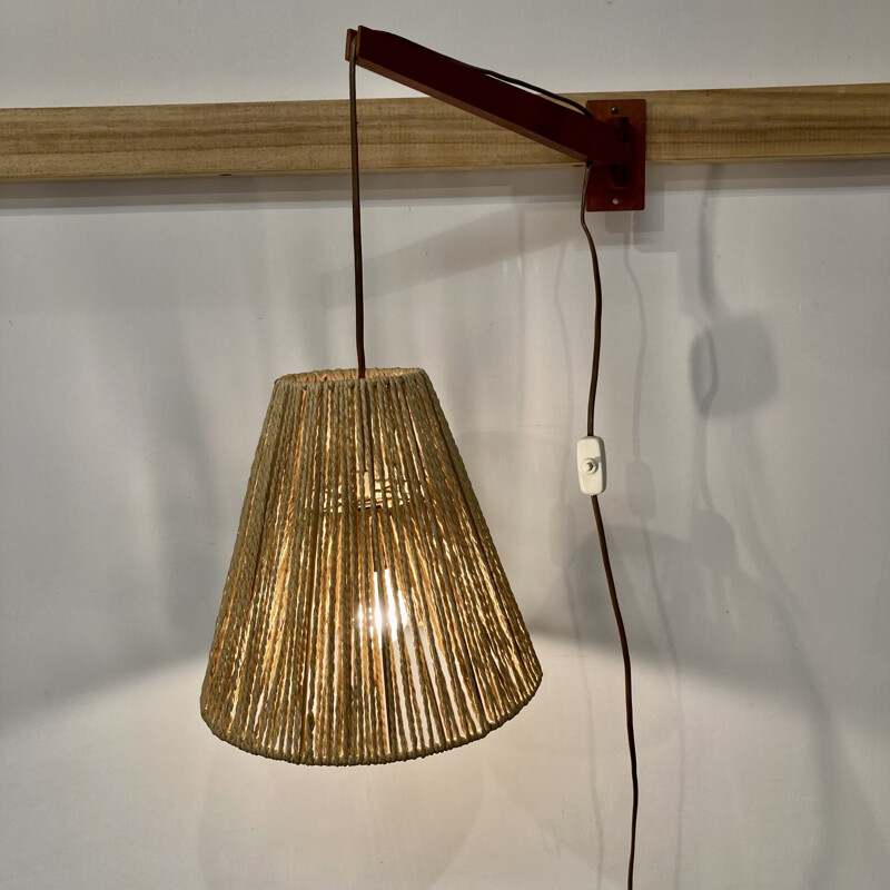 Scandinavian vintage teak and rope wall lamp, 1950