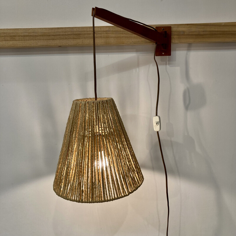 Scandinavische vintage wandlamp in teakhout en touw, 1950