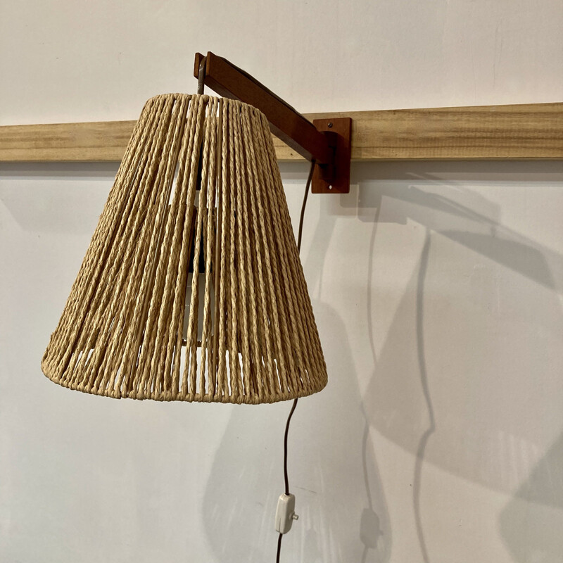 Scandinavian vintage teak and rope wall lamp, 1950