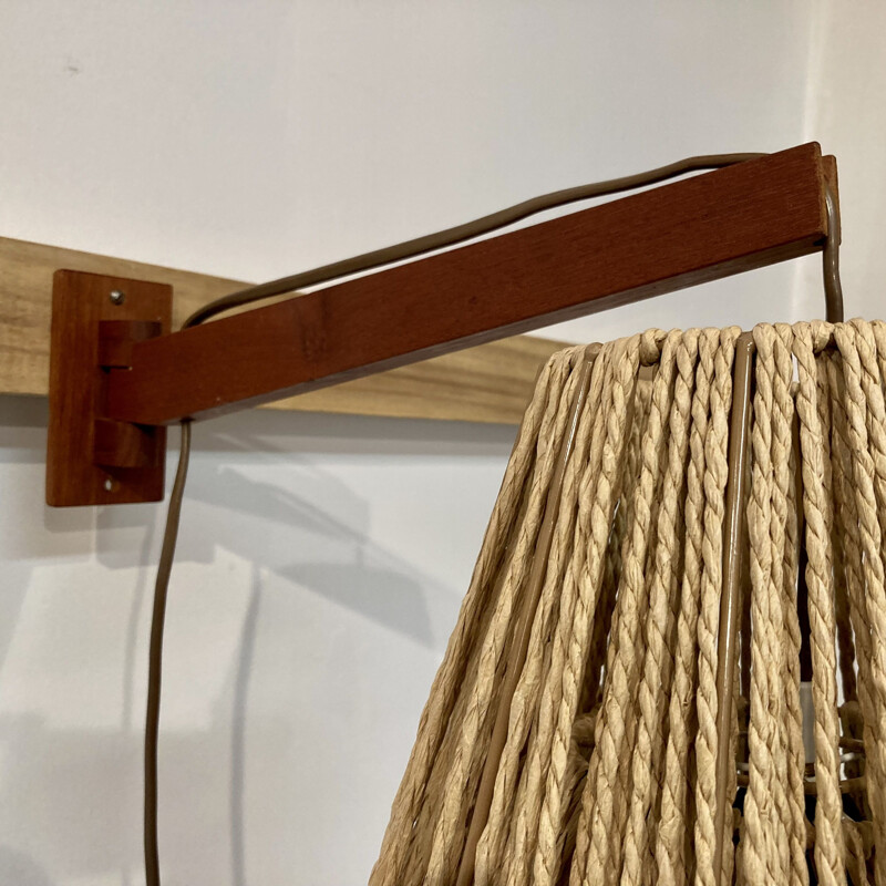 Lampada da parete vintage scandinava in teak e corda, 1950