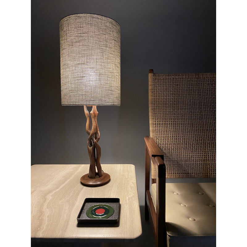 Lámpara de mesa vintage de madera tallada a mano, Dinamarca