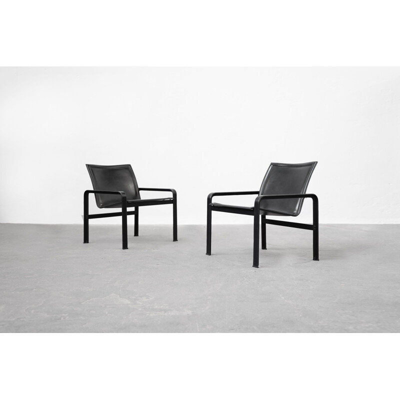 Pair of vintage armchairs in patinated black leather by Matteo Grassi, Italy 1970s