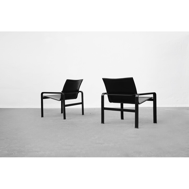 Pair of vintage armchairs in patinated black leather by Matteo Grassi, Italy 1970s
