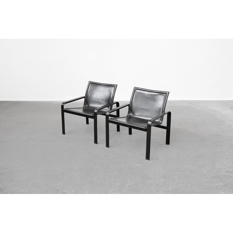 Pair of vintage armchairs in patinated black leather by Matteo Grassi, Italy 1970s