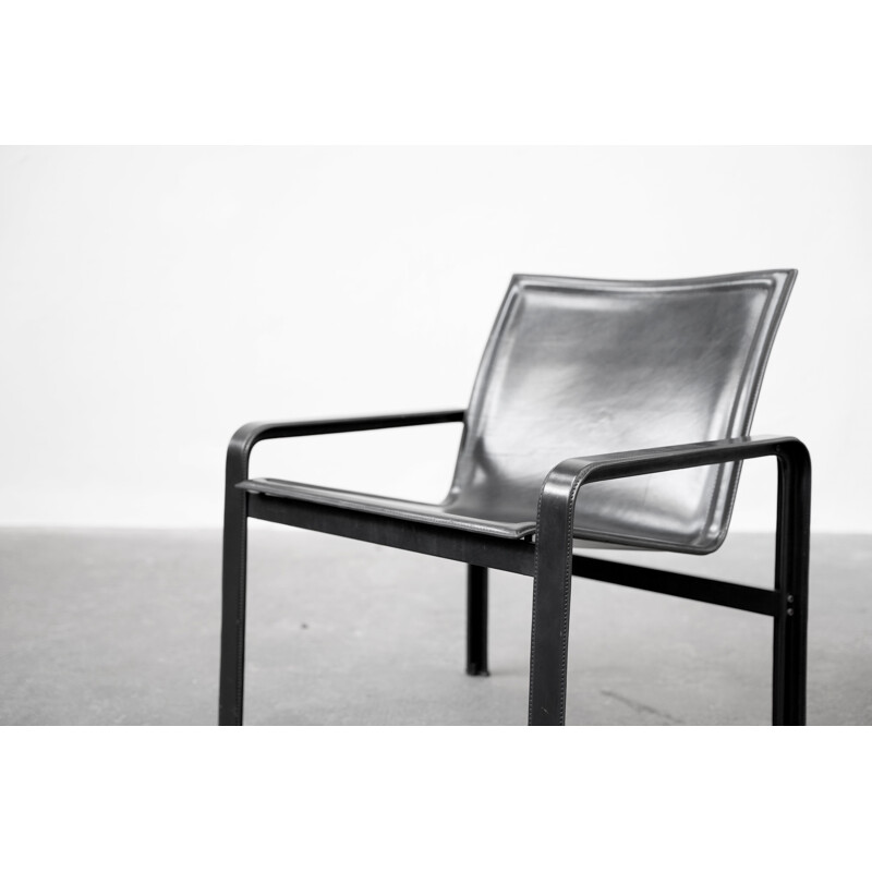 Pair of vintage armchairs in patinated black leather by Matteo Grassi, Italy 1970s
