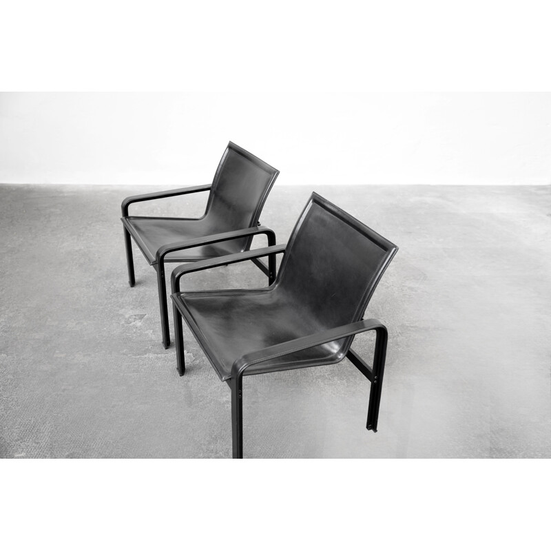 Pair of vintage armchairs in patinated black leather by Matteo Grassi, Italy 1970s