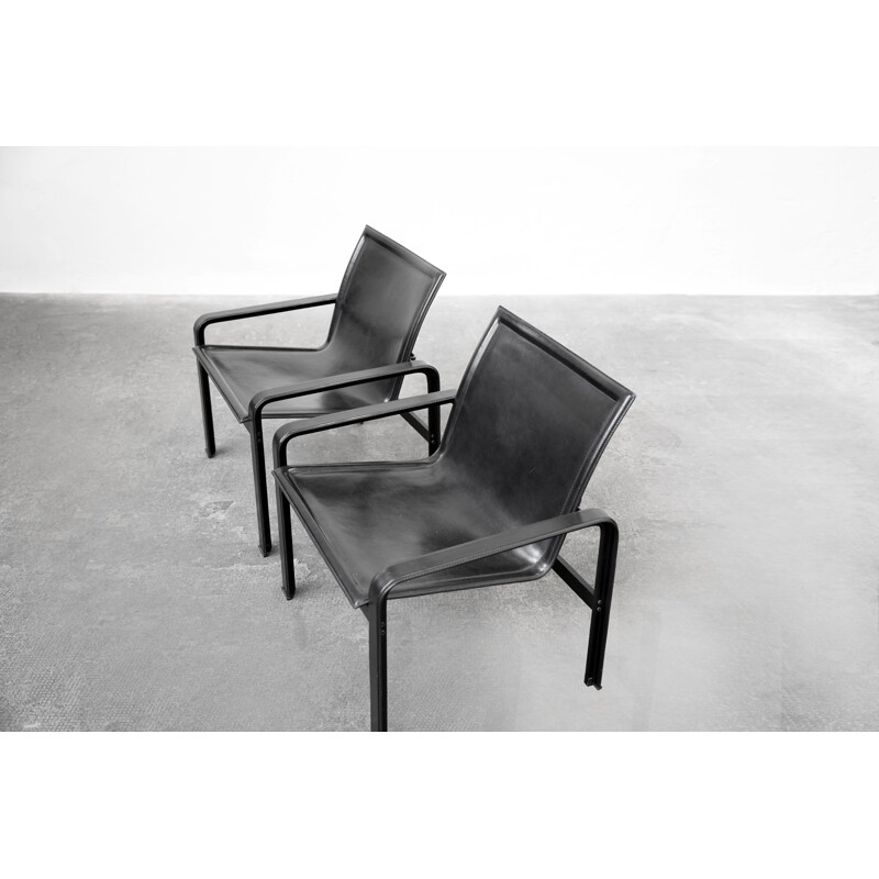 Paire de fauteuils vintage en cuir noir patiné par Matteo Grassi, Italie 1970