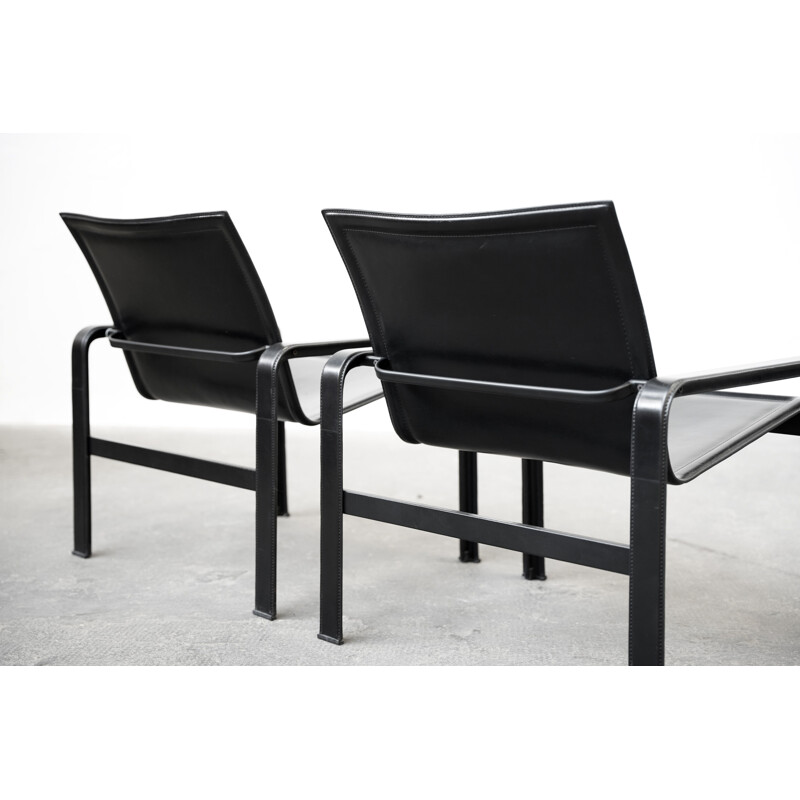 Pair of vintage armchairs in patinated black leather by Matteo Grassi, Italy 1970s