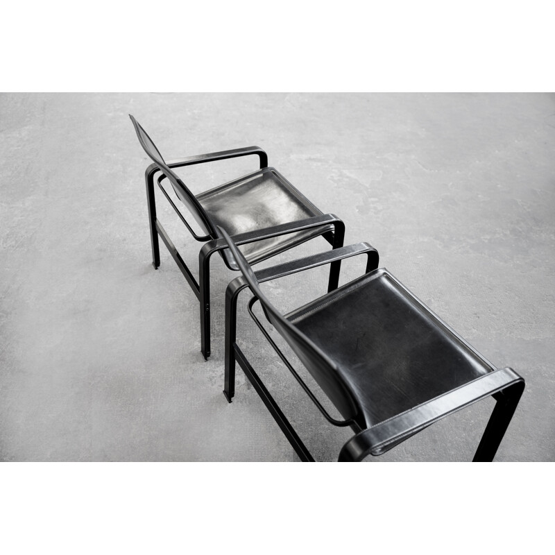 Pair of vintage armchairs in patinated black leather by Matteo Grassi, Italy 1970s