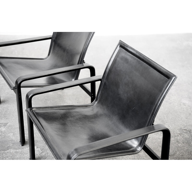 Pair of vintage armchairs in patinated black leather by Matteo Grassi, Italy 1970s