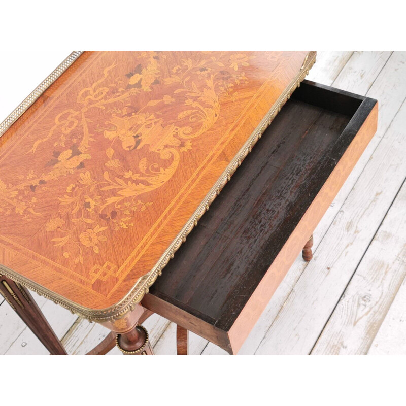 Table d'appoint vintage en bois de roi et marqueterie, France