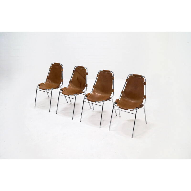 Set of 4 Les Arcs chairs in cognac leather - 1960s