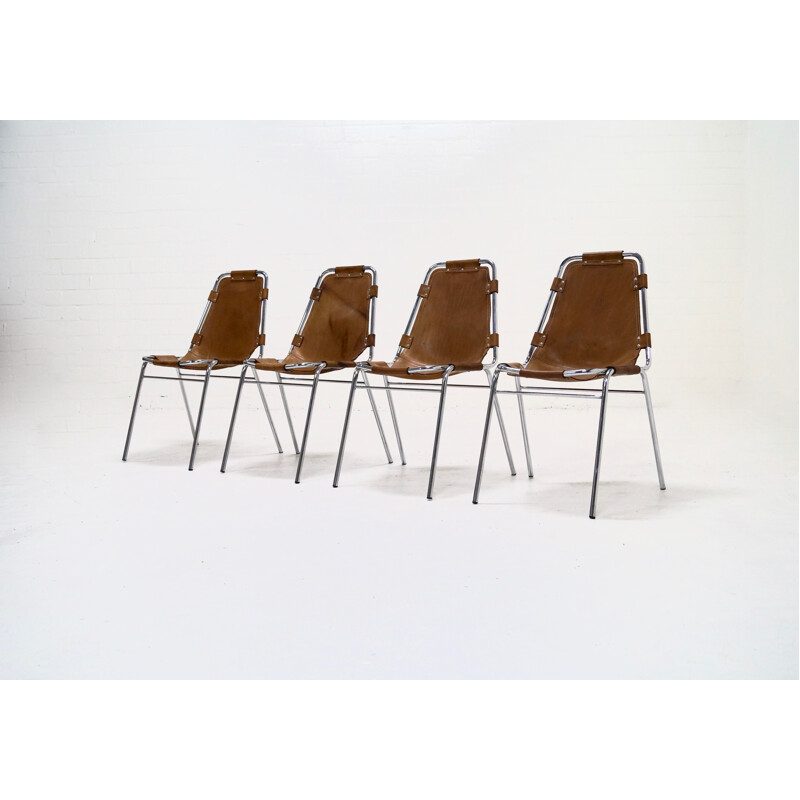 Set of 4 Les Arcs chairs in cognac leather - 1960s