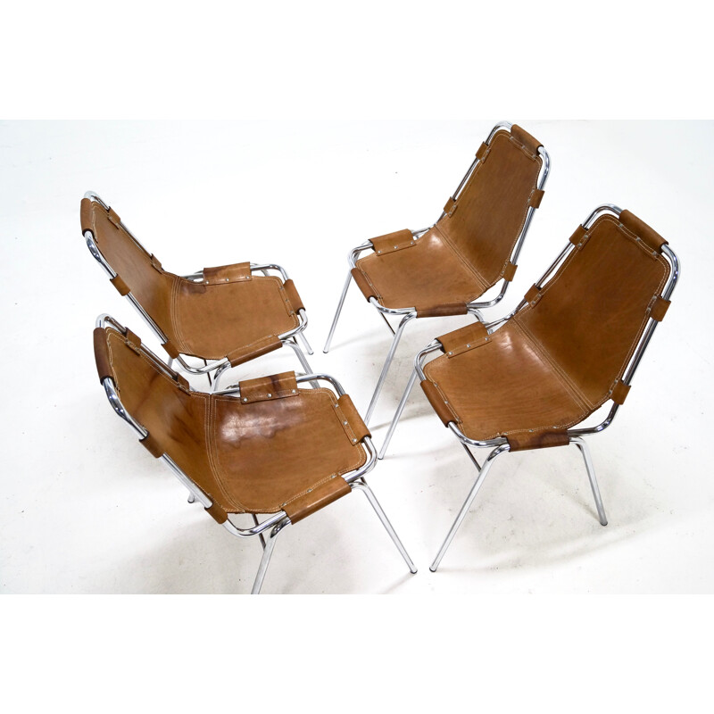 Set of 4 Les Arcs chairs in cognac leather - 1960s